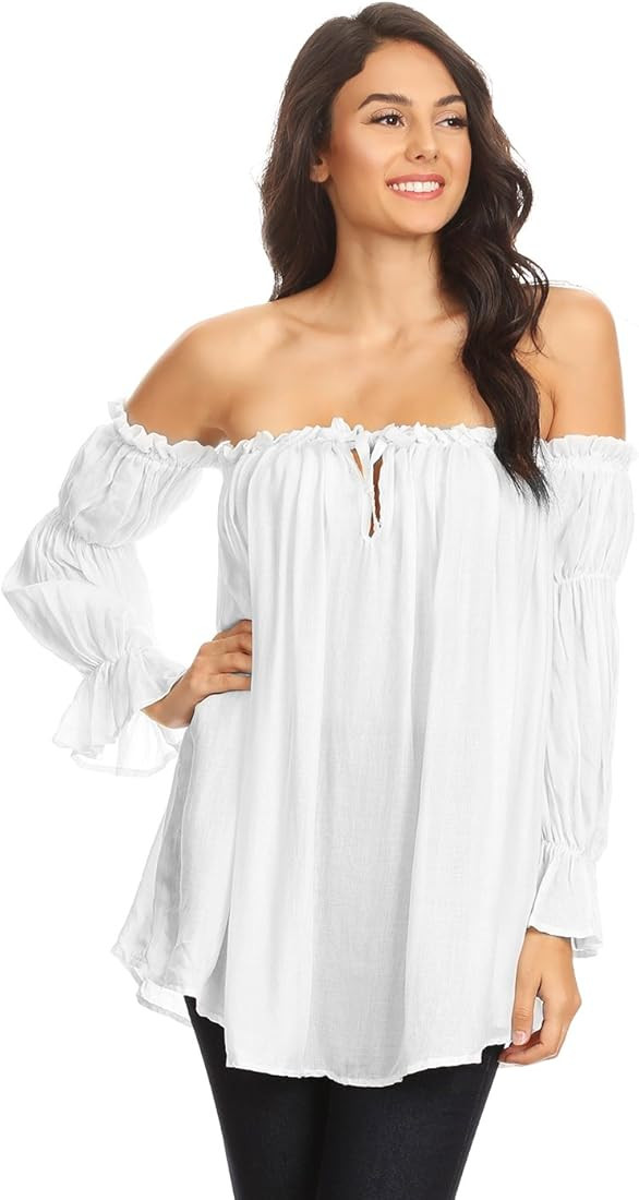 Anna-Kaci Womens Semi Sheer Boho Peasant Long Sleeve Off The Shoulder Top | Amazon (US)