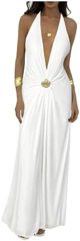 Milumia Women's Sexy Deep V Neck Halter Mesh Dress Tie Backless Long Cocktail Dresses | Amazon (US)