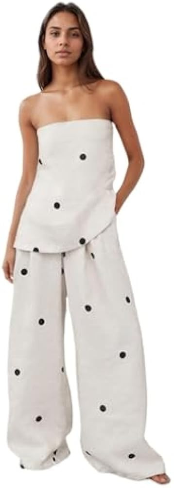 VCM 2 Piece Sets Polka Dot Top Off The Shoulder Top Lounge High Waist Wide Leg Pants Tropical Vac... | Amazon (US)