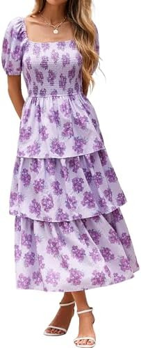 BTFBM Womens Square Neck Smocked Dress Summer Puff Short Sleeve Floral Casual Ruffle Tiered Maxi ... | Amazon (US)