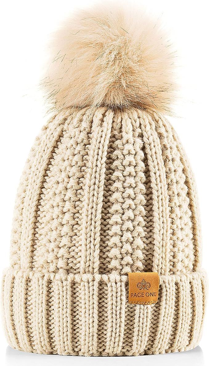 PAGE ONE Womens Winter Thick Cable Knit Beanie Faux Fur Pom Hat Fleece Lined Skull Cap | Amazon (US)