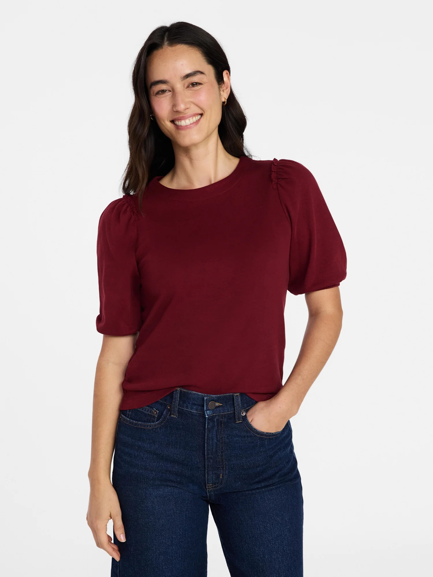 Time and Tru Women's Cotton Crewneck Tee with Puff Sleeves, Sizes XS-XXXL | Walmart (US)
