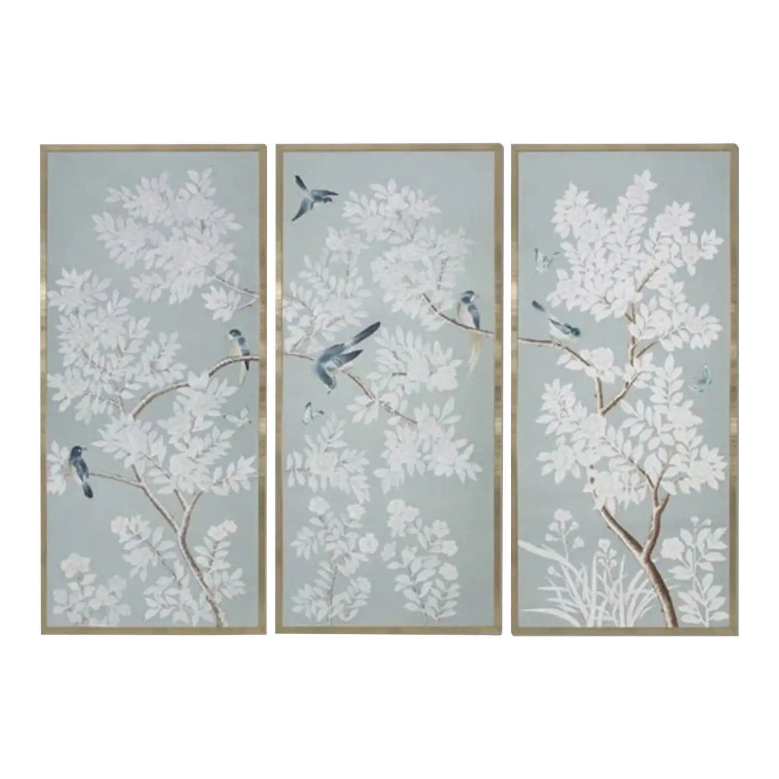 Chinoiserie Hand Painted Unframed Wallpaper Panels on Blue Silk - 3 Panels | Chairish
