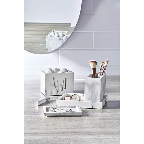 Better Homes & Gardens Faux Marble 4 Piece Vanity Organizer Set with Magnetic Side, White - Walma... | Walmart (US)