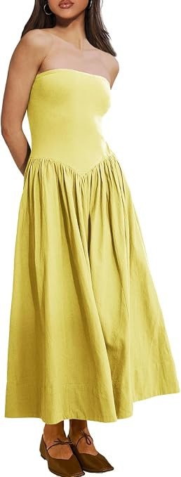 SENSERISE Womens Summer Midi Dresses Strapless Sleeveless Drop Waist A Line Tube Top Dress with P... | Amazon (US)