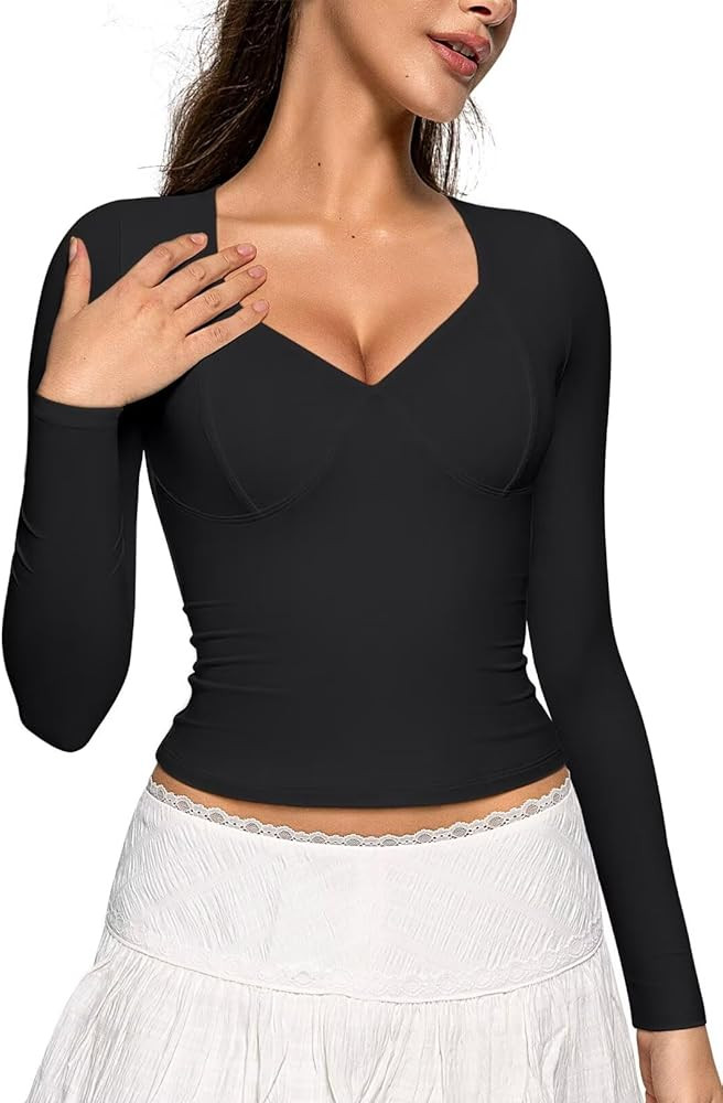 Vertvie Women's Long Sleeve V Neck T Shirts Cute Double Lined Basic Top Slim Fitted Y2k Going Out... | Amazon (US)