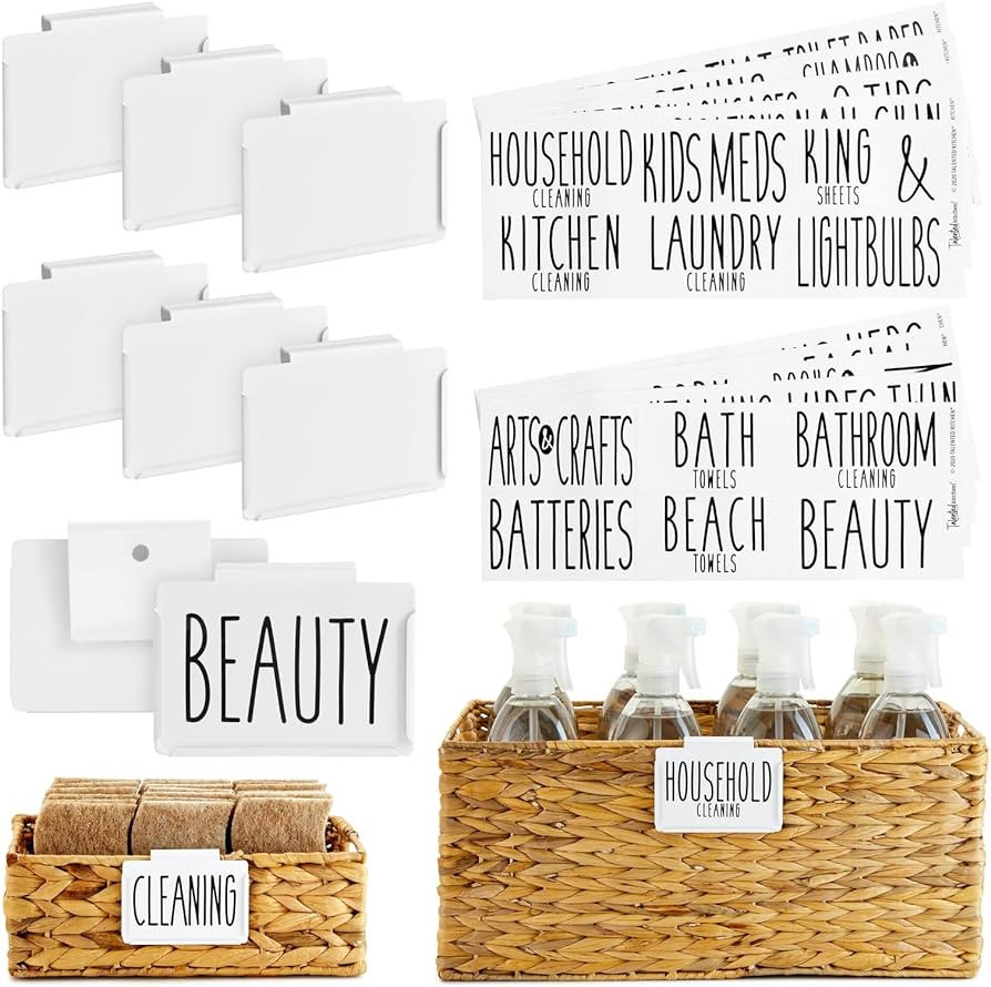 Talented Kitchen 8 Pack Metal Basket Labels Clip On Holders with 70 Household Labels for Storage ... | Amazon (US)