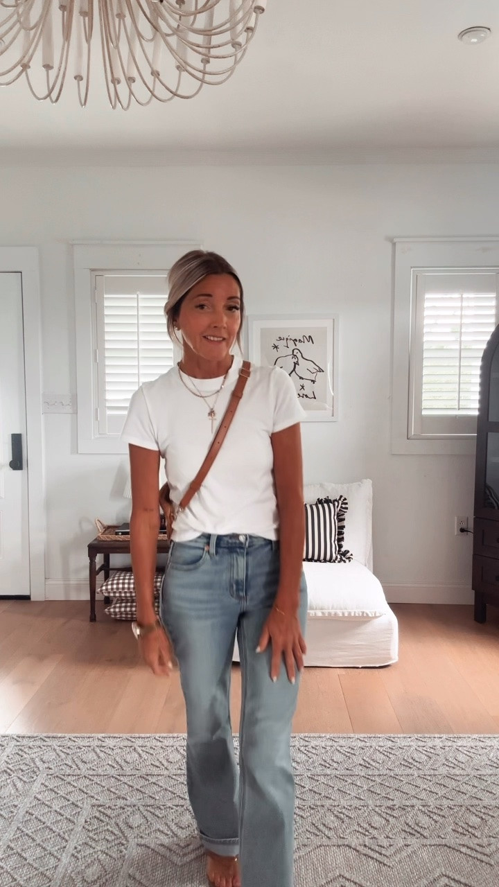 OOTD!!! it’s a simple one, but one of my faves simple white T-shirt ,favorite leather bag, jelly flip-flops because we are still in summer. These jeans are a slim boot cut ,perfect length you can cuff up ,5’5 ish for reference.TTS, I’m in the medium wash. I also have the charcoal black wash as well.!!! oh and the best part these are under $30!!!￼