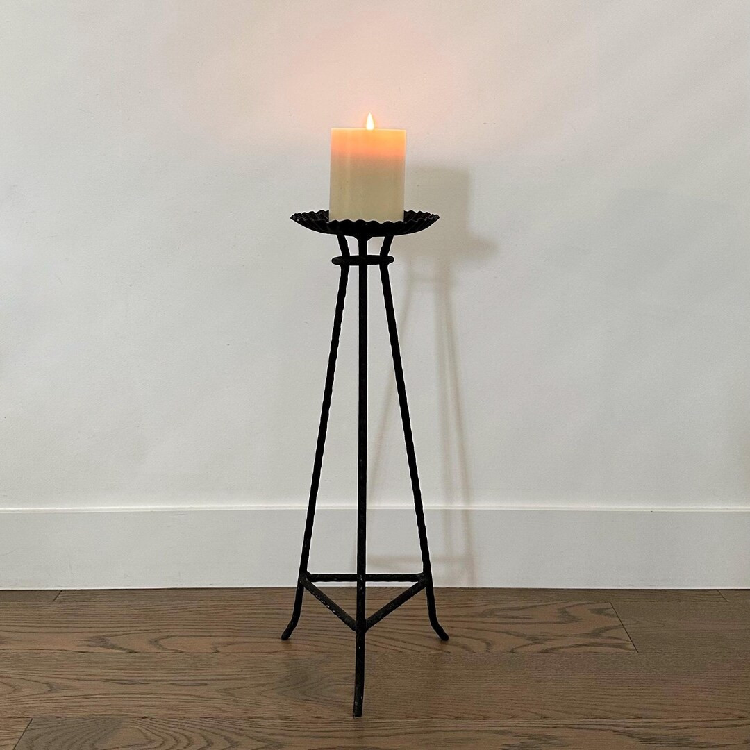 Tall Black Metal Floor Pillar Candle Holder With Round Scalloped Tray and Tripod Stand, Minimalis... | Etsy (US)