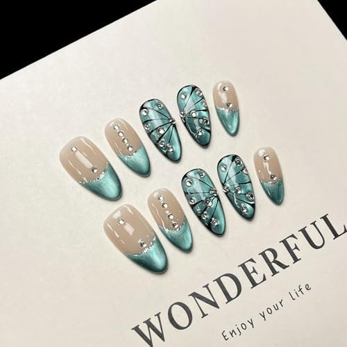 MAGLFELL Women Press On Nails - Blue Almond False Nails 10Pcs Luxury Handmade 3D Painting Art ABS... | Amazon (US)