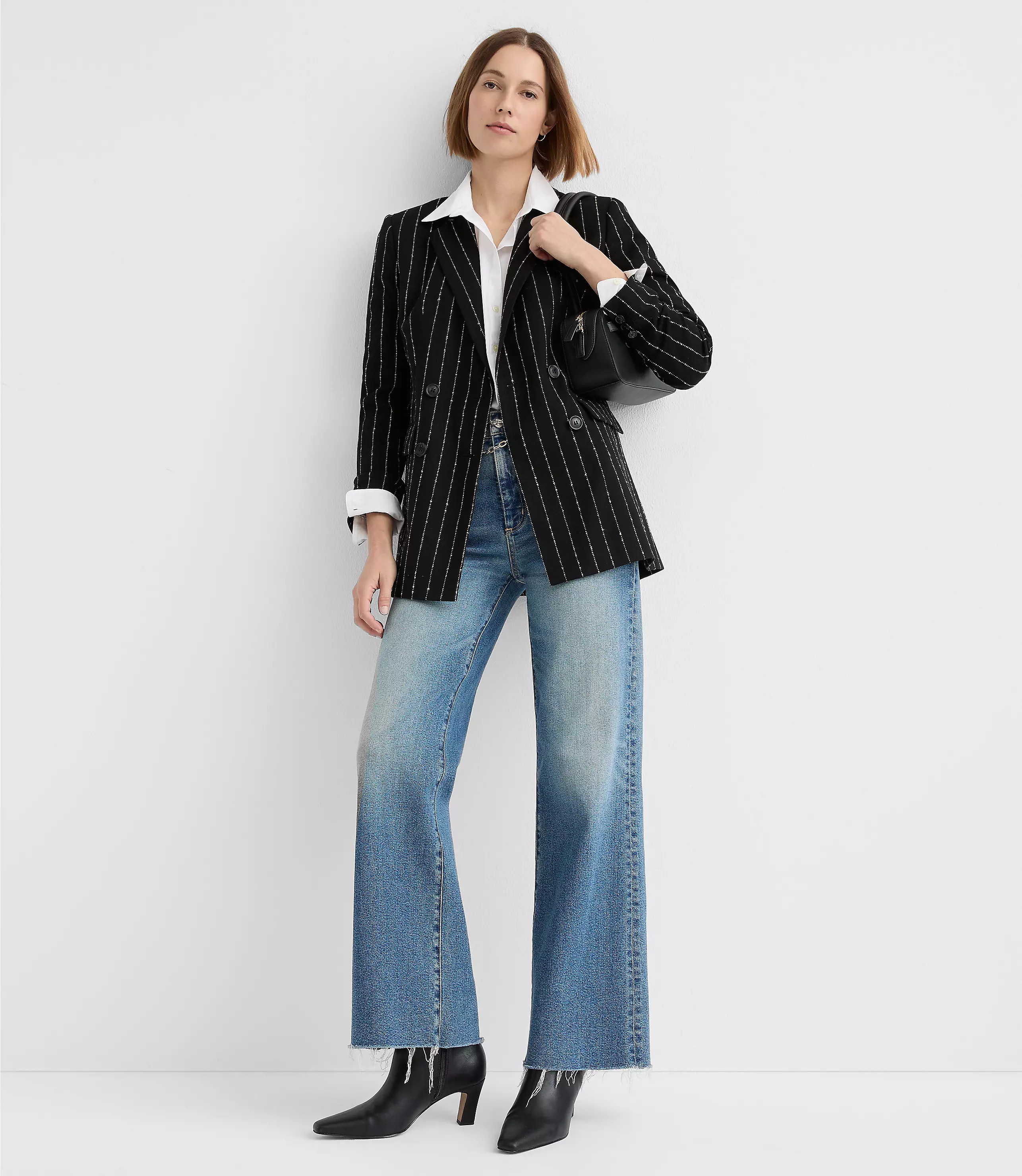 Brushed Pinstripe Tailored Double Breasted Blazer | LOFT