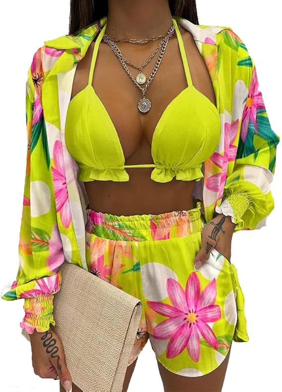 3 Piece Swimsuits for Women Hawaiian Outfits Floral Tropical Bikini Short Sets Summer Beach Sexy ... | Amazon (US)