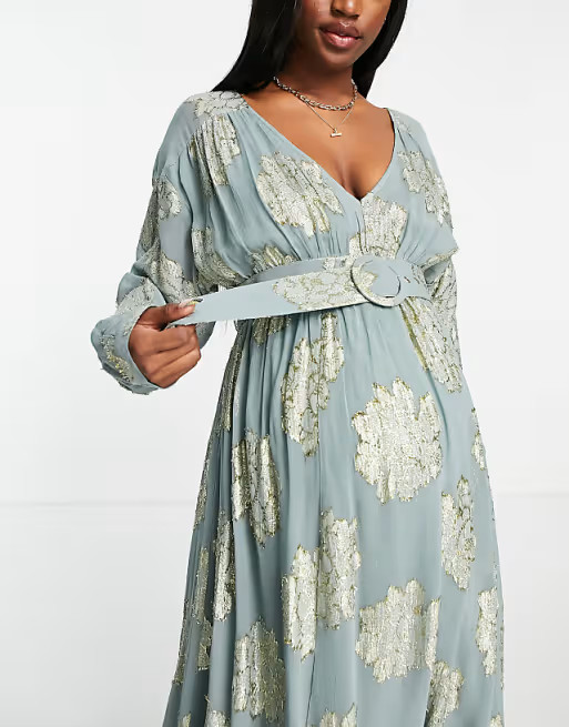 ASOS DESIGN Maternity belted batwing midi tea dress in metallic jacquard | ASOS (Global)