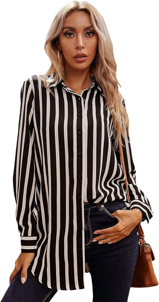 MakeMeChic Women's Casual Striped Button Down Long Sleeve Shirts Blouse Top | Amazon (US)