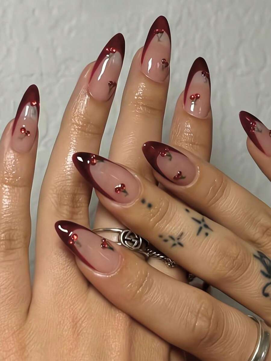 24Pcs Medium Almond Press On Nails Wine Red French Tip Nails With Summer Cherry Rhinestone Decor ... | SHEIN
