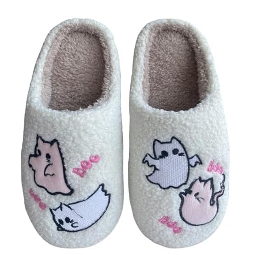 White Ghost Slippers Cute Womens Halloween Slippers Fuzzy Warm Spooky Slippers Fall Slippers House Shoes for Men Outdoor Indoor (White, Adult, Women US10.5/11.5,Men Size US9/10) | Amazon (US)
