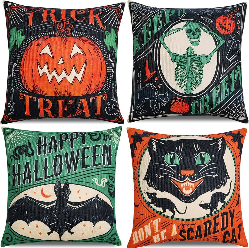 Vintage Halloween Decor-Throw Pillow Covers 18x18 in set of 4,Retro Linen Pillow Case with Scared... | Amazon (US)