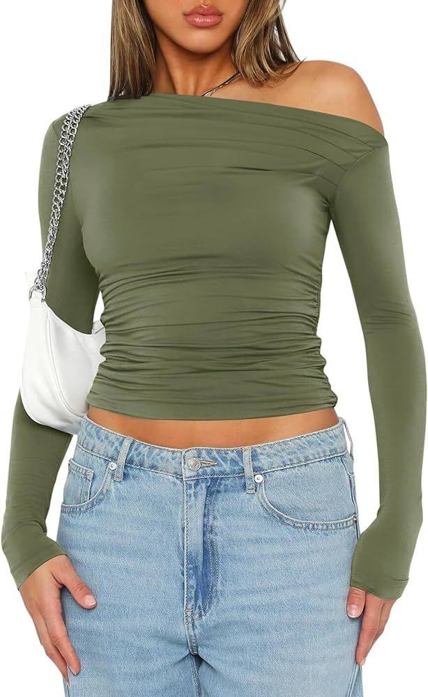 LOMON Women Off The Shoulder Long Sleeve Going Out Crop Tops Sexy Tee Shirt Spring Ruched Y2K Clo... | Amazon (US)