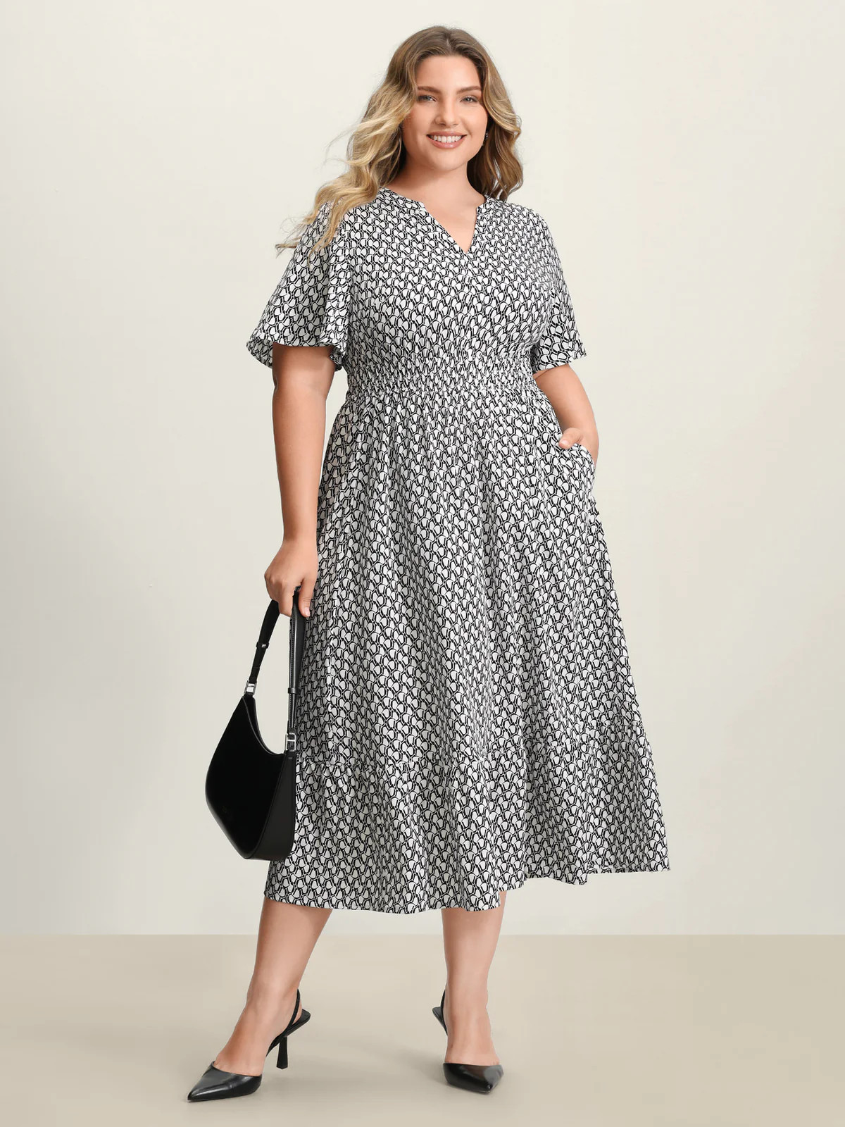 Geometric Print Waist-Cinched Tiered Midi Dress | Bloomchic