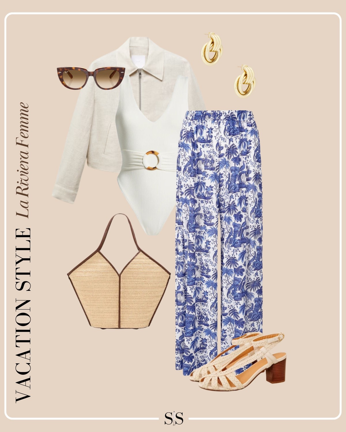 Vacation Style | La Riviera Femme: 

This look channels that chic Parisian vibe for a dinner or evening out. A swimsuit one piece doubled as a bodysuit, layered with a linen jacket and printed pants, creates a sophisticated yet casual style, perfect for your evening plans! 

#ParisianNightOut #EffortlessElegance #ChicVacationLook #DaytoNight #VacationOutfit

#LTKTravel #LTKStyleTip
