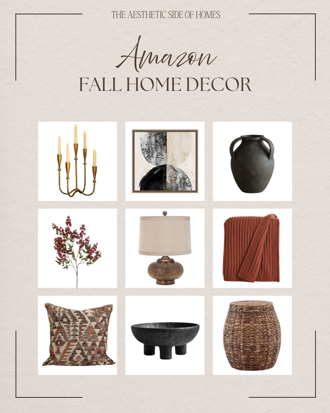 Amazon fall home decor includes black case, wall art, candle holder, floral stem, table lamp, throw blanket, storage basket, decorative bowl, throw pillow.

Home decor, fall decor, looks for less, neutral home

@amazonfindsandfashion

#LTKHome #LTKSeasonal #LTKSaleAlert