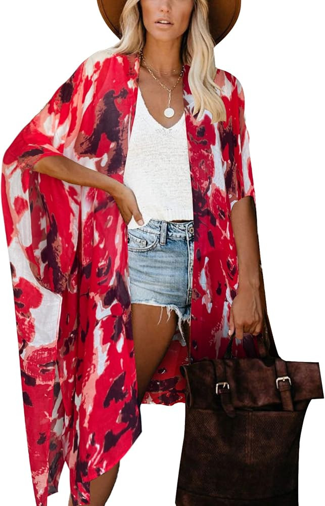 Moss Rose Women's Beach Cover up Swimsuit Kimono with Bohemian Floral Print, Loose Casual Resort ... | Amazon (US)