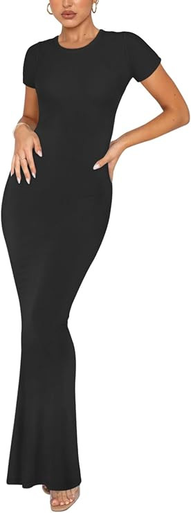 REORIA Women's Basic Summer Casual Lounge Long Dress Elegant Short Sleeve Crew Neck Bodycon Maxi ... | Amazon (US)
