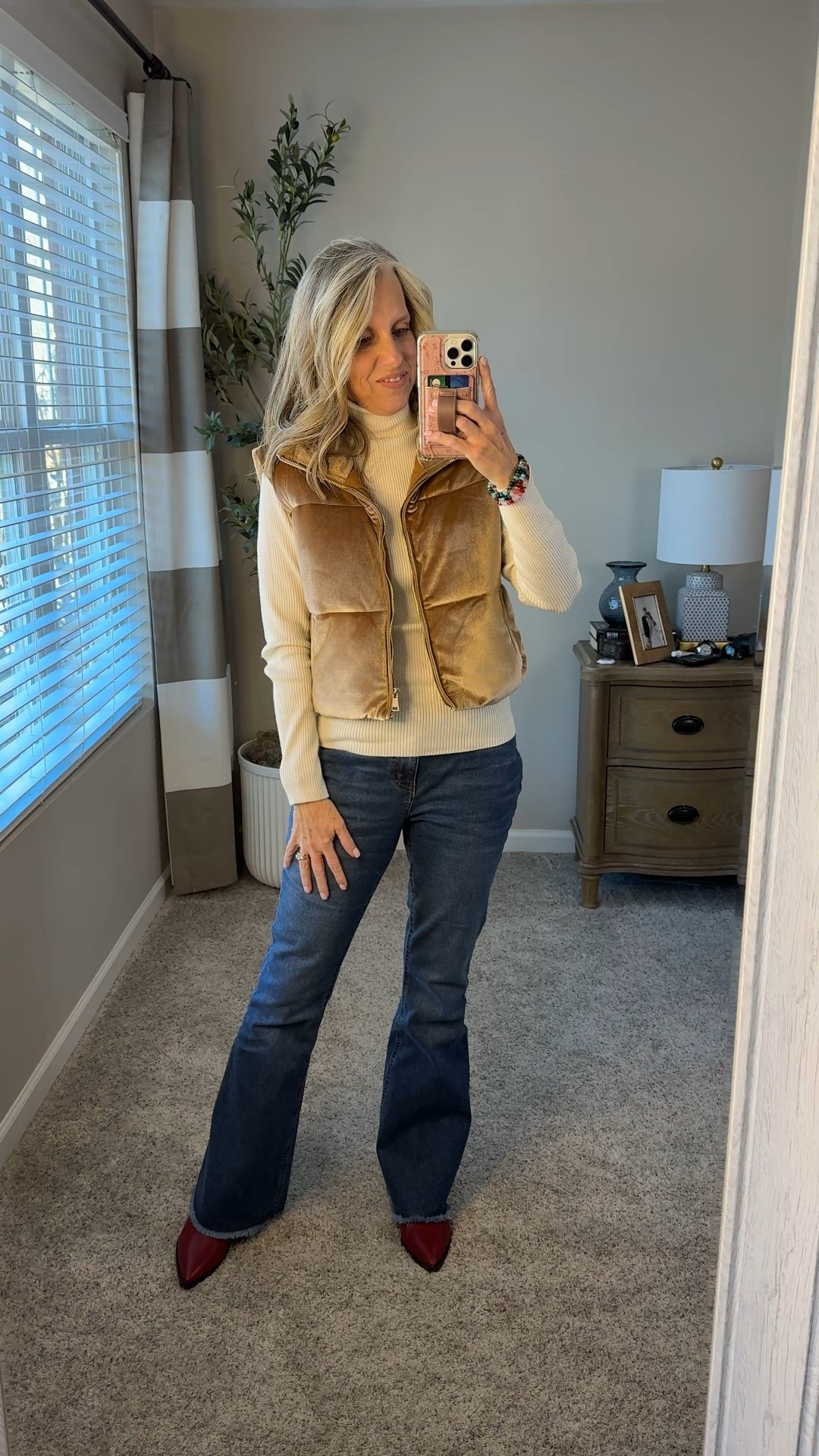 How cute is the velvet vest in champagne gold. Such a fun piece to have. Size down in the jeans. They’re super comfy. I’m wading 4 but def need 2. Nothing over $50…even the cute boots  

#LTKOver40 #LTKHoliday #LTKFindsUnder50