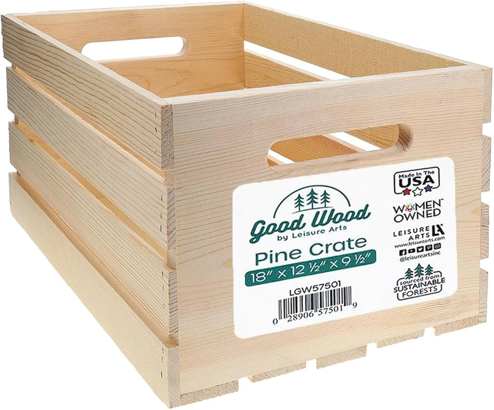 LEISURE ARTS Unfinished Wood Crate for Display and Storage, 18" x 12.5" x 9.5" | Amazon (US)