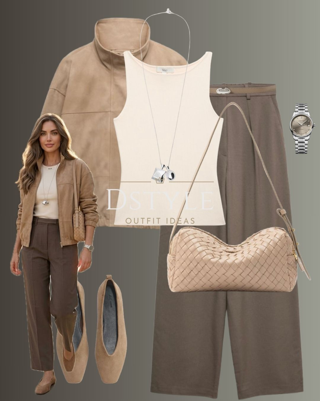 Neutral Outfit Inspo: How to style a suede bomber jacket and tailored trousers. 🧥🤎 Featuring a cream tank, woven leather bag, and silver jewelry accents. 

 

#LTKootd #LTKWorkwear