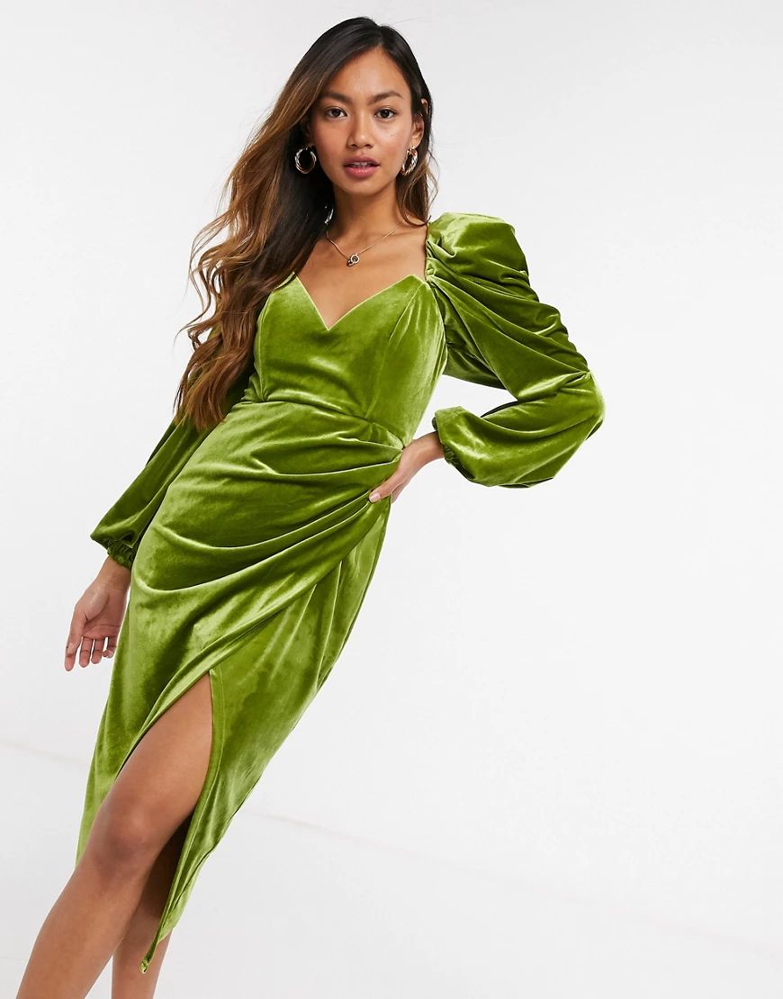 ASOS Luxe velvet sweetheart neckline midi body-conscious tuck dress with puff long sleeve in green | ASOS (Global)