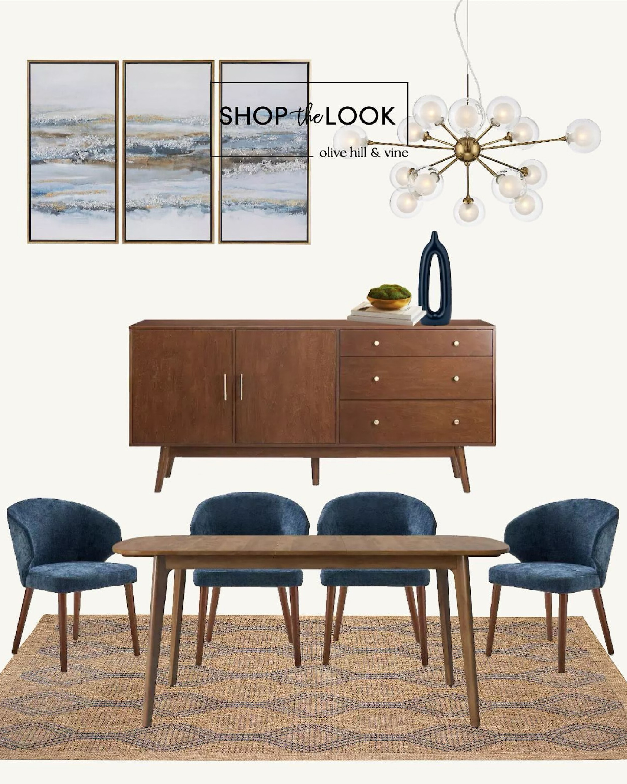 Gather around a dining room styled to impress. Featuring Target finds like a rich brown mid-century drop-leaf table, matching sideboard, sleek upholstered chairs, a modern rug, abstract decor, a set of landscape art, and a striking 15-light brass sputnik chandelier. 

#LTKHome #LTKFamily #LTKStyleTip
