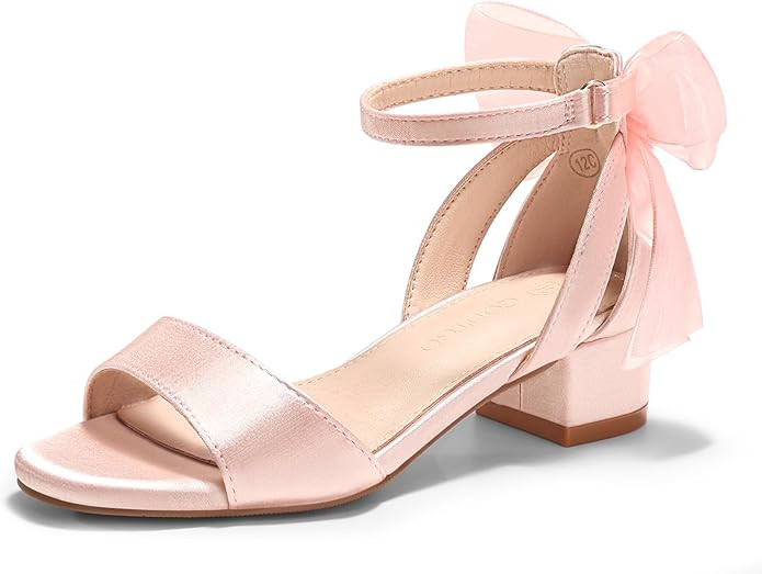 Coutgo Girls Dress Shoes Sandals Chunky Low Heels Bow Ankle Strap Flower Girl Wedding Party Shoes | Amazon (US)