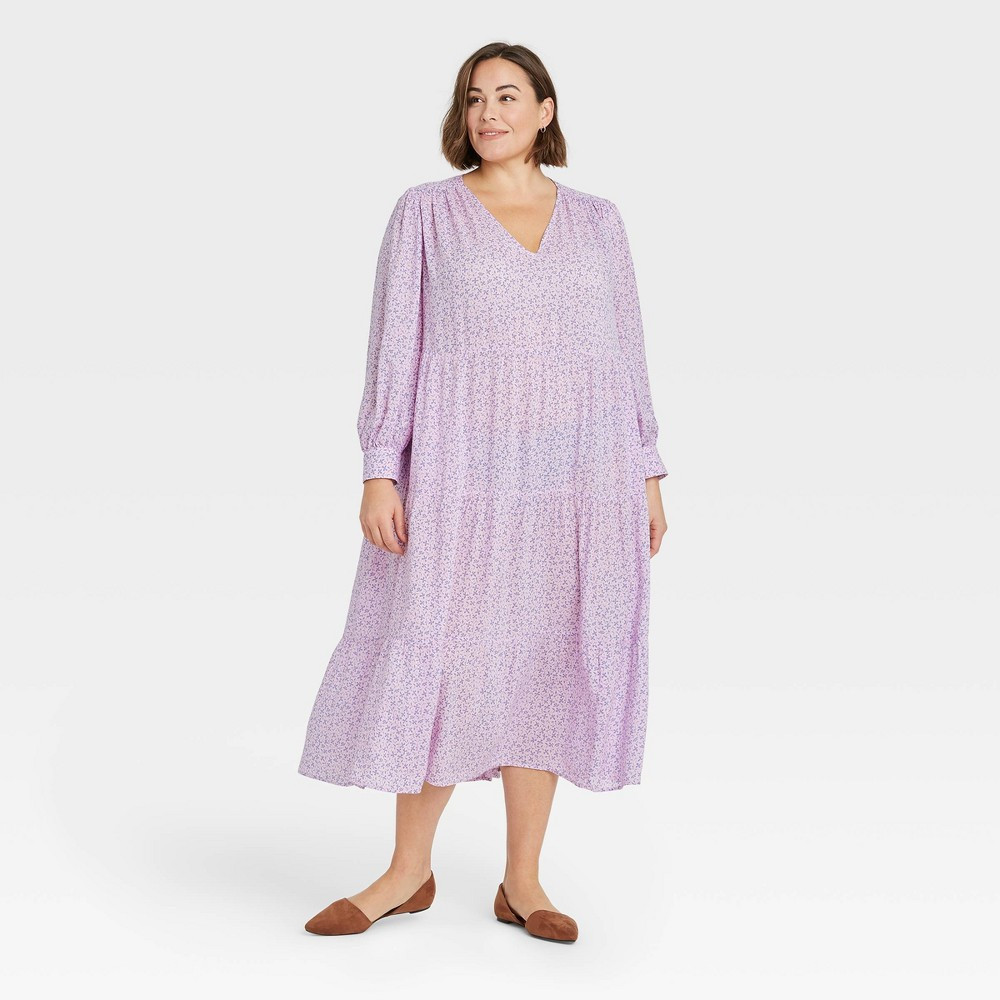 Women's Plus Size Printed Long Sleeve Tiered Dress - A New Day Lavender 4X | Target
