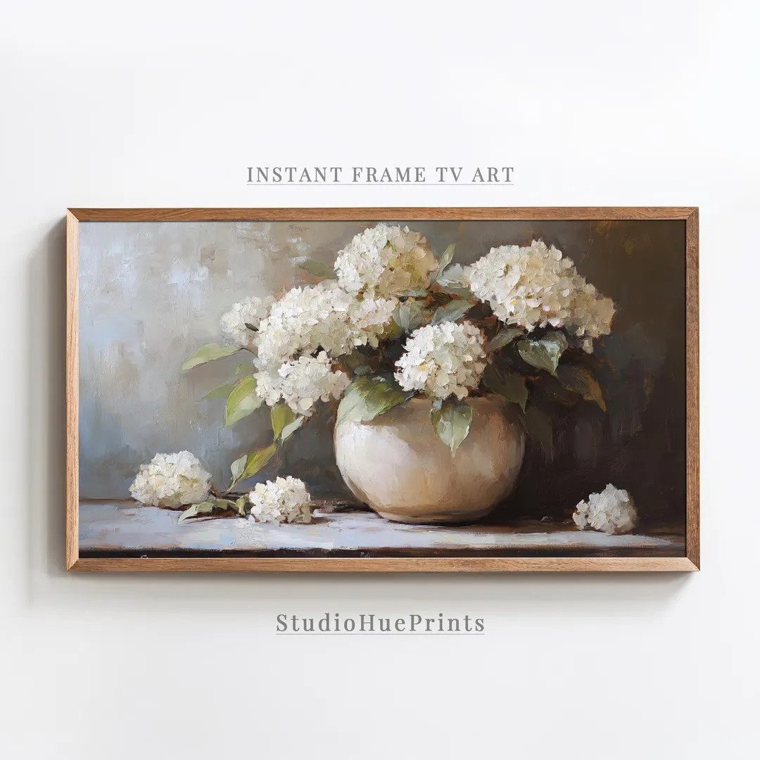 White Hydrangeas Frame TV Art, Floral Frame TV Art, Frame TV Art Spring, Hydrangea Oil Painting, ... | Etsy (US)