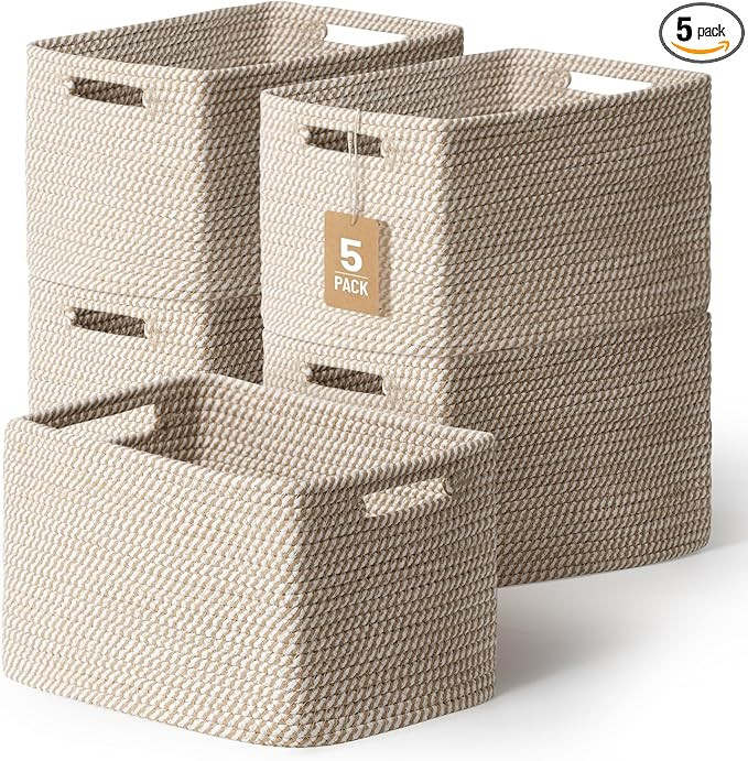 5 Pack Woven Storage Baskets for Shelves, Decorative Basket Organizer Storage Bins for Toys, Book... | Amazon (US)
