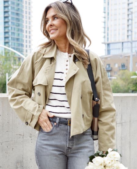 -Cropped Trench. Love the quality twill and details. Wearing a sz S
-striped button sweater sz S
-Levi 501 that I love the fit of! I cut to hem them. TTS
-Amazon look for less bag. Quality canvas! Pebbled leather. I love it!

#LTKfindsunder100 #LTKover40 #LTKstyletip