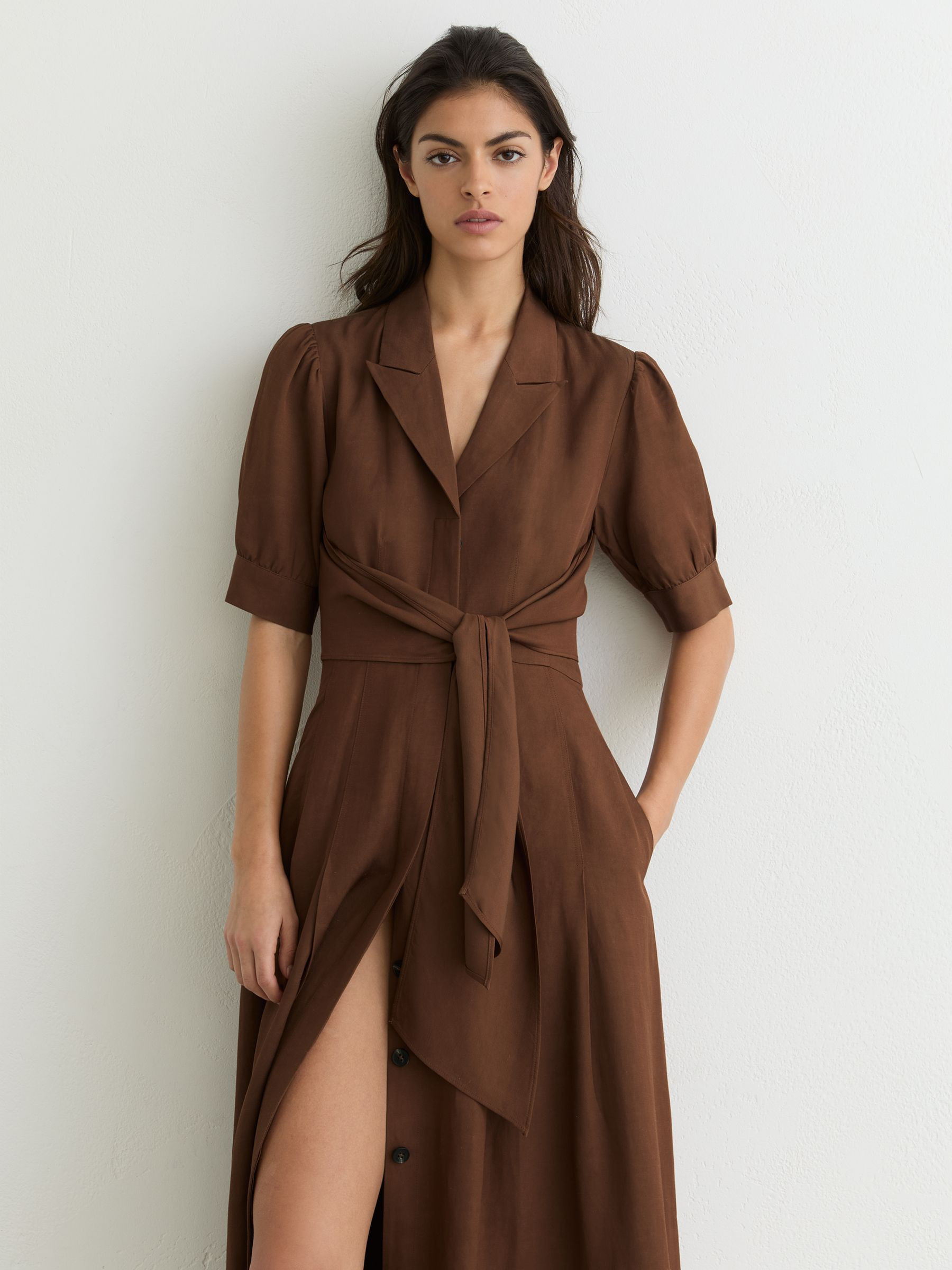 Short-Sleeve Belted Midi Dress with Linen in Rust Orange | Reiss UK