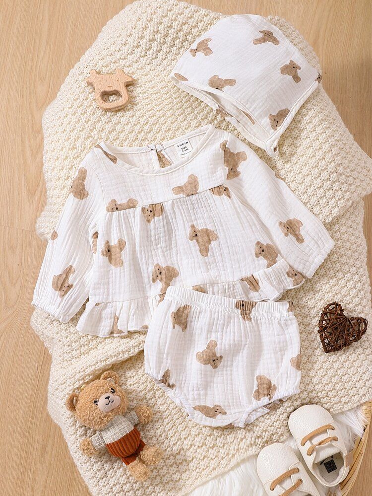 Baby Bear Print Peplum Top & Shorts & Hat | SHEIN
