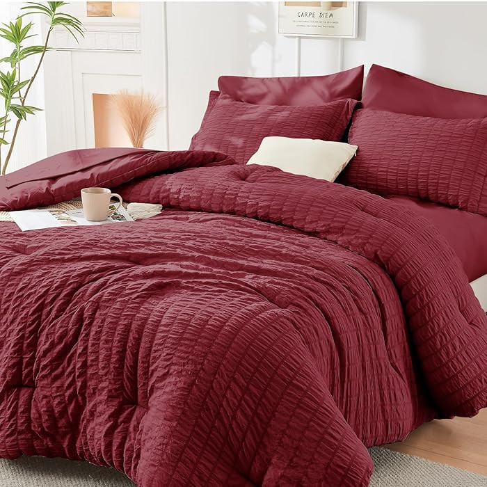 HYMOKEGE Burgundy Queen Comforter Set Seersucker 7 Pieces, All Season Luxury Bed in a Bag for Bed... | Amazon (US)