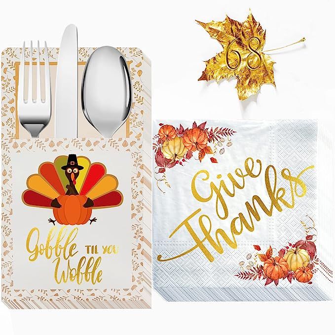 Thanksgiving Napkins, 50 Count Gold Foil Napkins Paper w 18 Count Cutlery Holders, Give Thanks De... | Amazon (US)