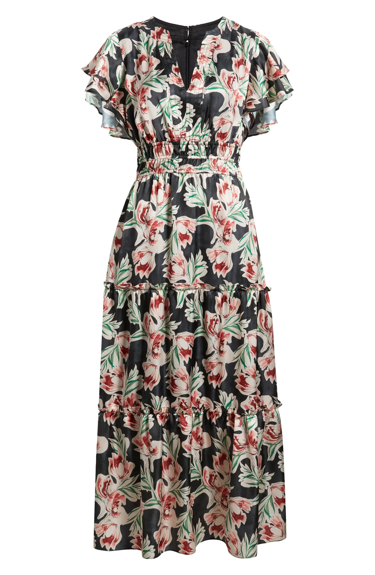 Julia Jordan Floral Tiered Split Neck Ruffle Sleeve Satin Dress | Nordstrom | Nordstrom