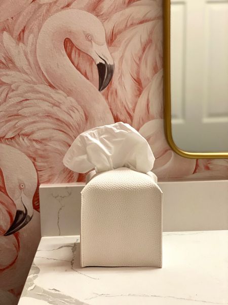 My powder bathroom is a bit on the wild side with flamingo wallpaper and this pretty pebbled leather look tissue cover. A beautiful bathroom requires beautiful details. 
kimbentley bathroom decor home decor

#LTKhome #LTKbeauty #LTKfindsunder50