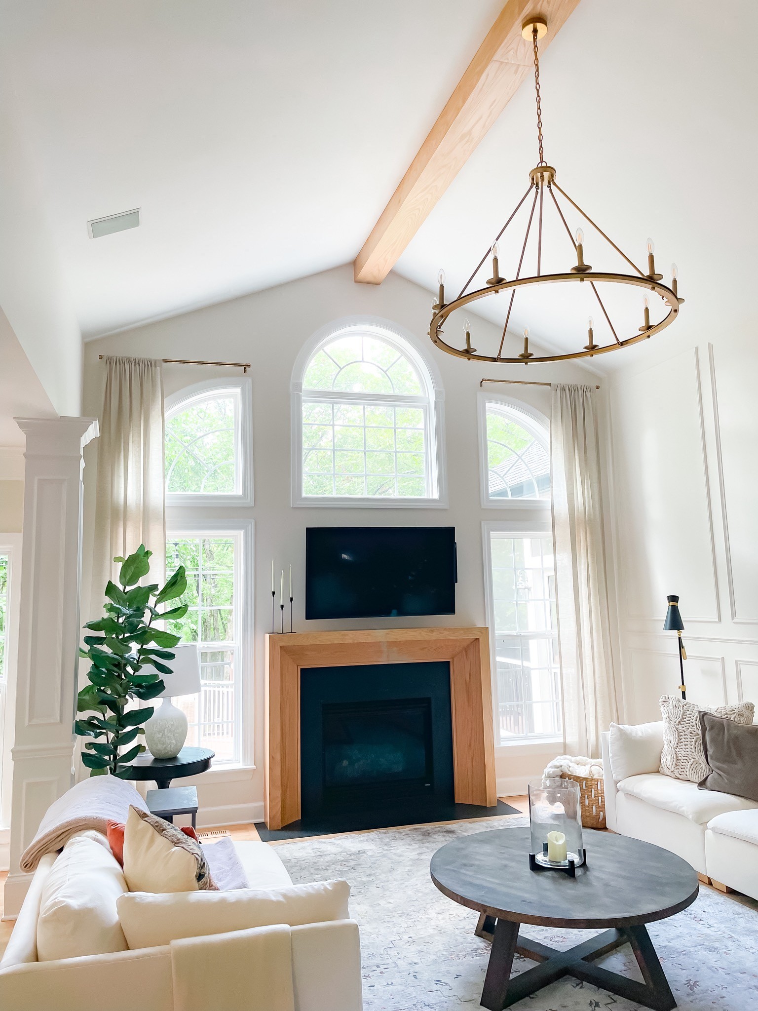 Curtains. Living room decor. Living room furniture. Long curtains. Amazin curtains. Gold curtain rods. Chandelier. Fiddle leaf fig tree  

#LTKunder100 #LTKhome #LTKSeasonal