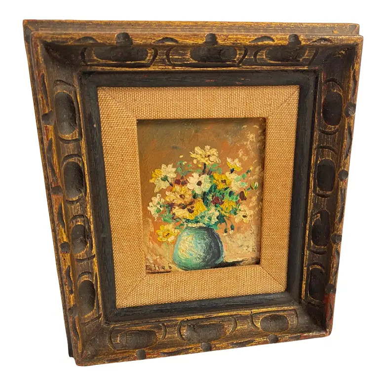 1960s Small Mid-Century Original Post-Impressionist Floral Still Life Oil on Board Painting Signe... | Chairish
