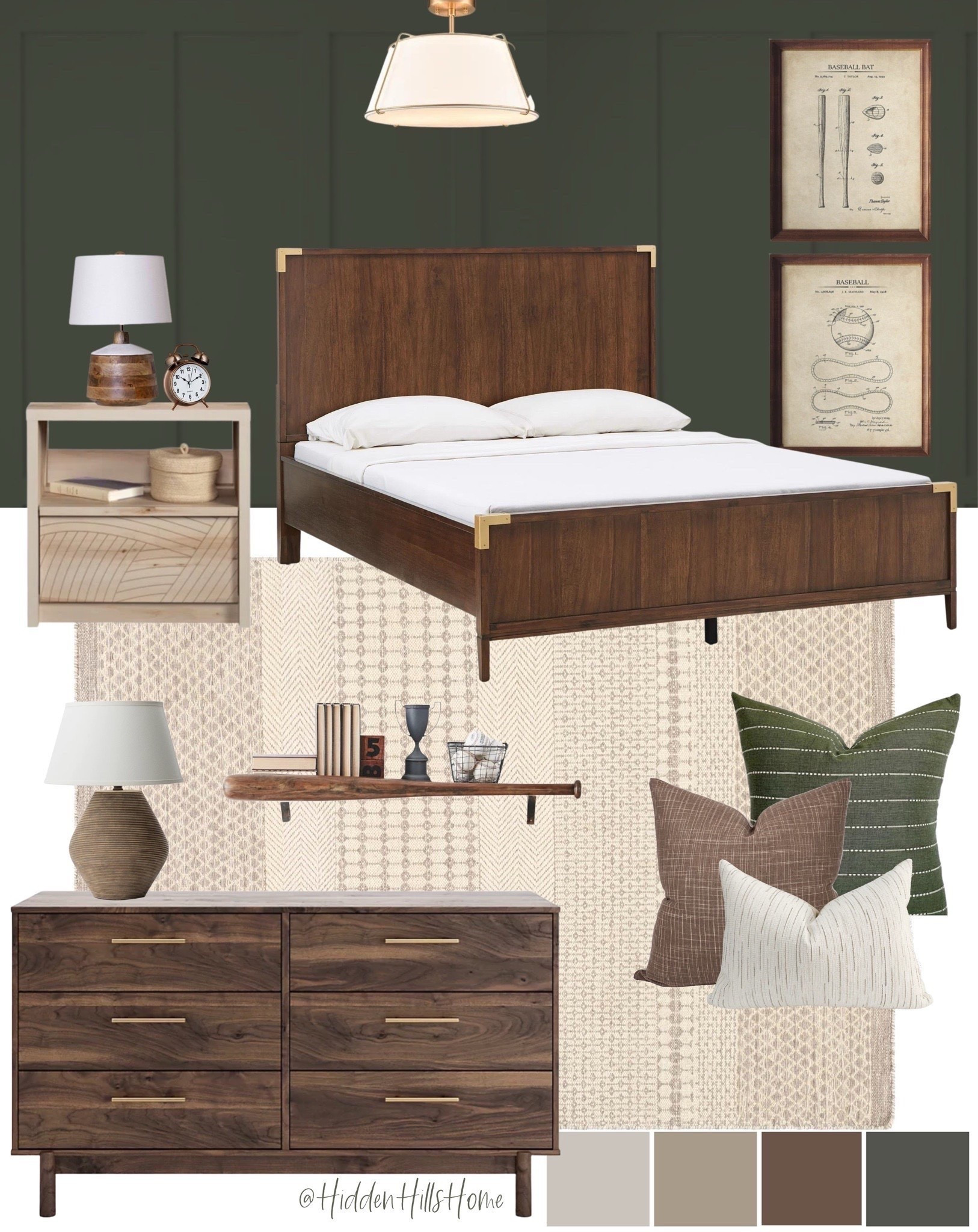 Boys room, boys bedroom decor, home decor, masculine bedroom decor ideas, brown and green bedroom, teen room decor, teenager boy bedroom mood board #boysroom #homedecor