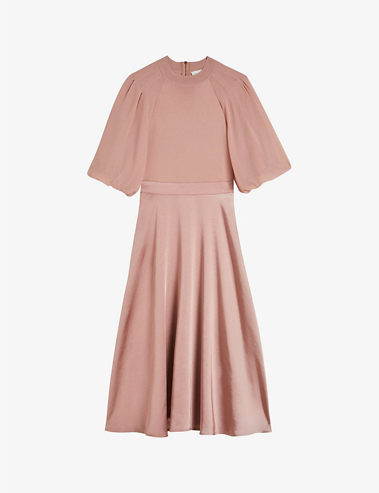 Brontei puff-sleeve fitted-bodice woven midi dress | Selfridges