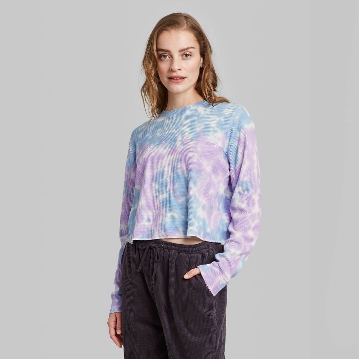Women's Long Sleeve Crewneck Tie-Dye Thermal Boxy T-Shirt - Wild Fable™ Blue/ Purple | Target