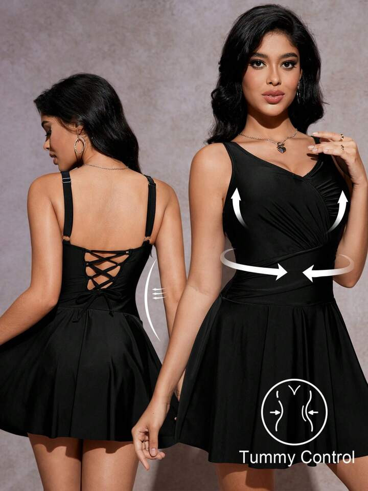 Shapewave 1pc Black Solid Color Shaping One-Piece Swimsuit, Suitable For Beach Holiday | SHEIN