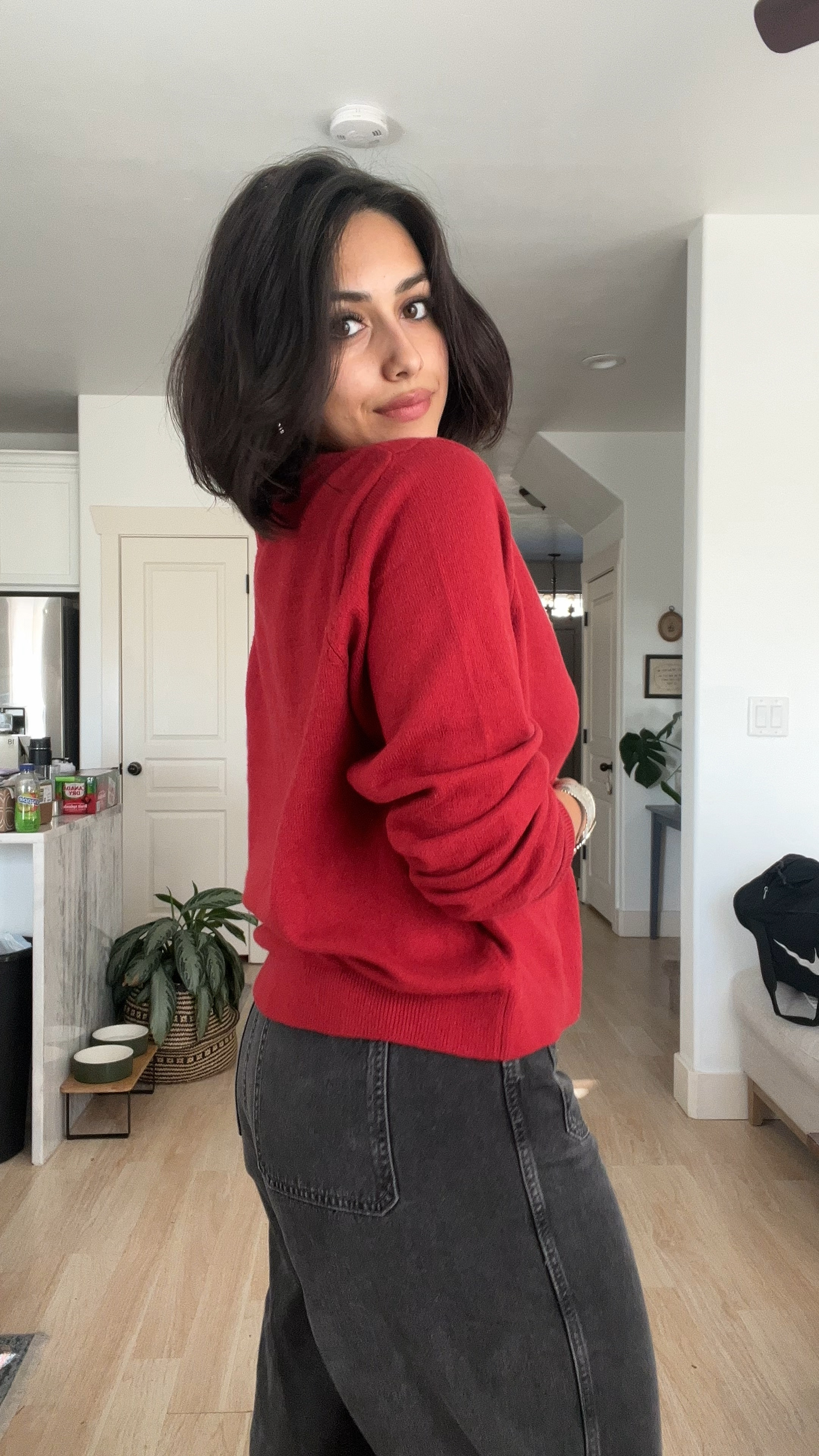 this red button up cardigan is SO SOFT! love it with these dark wash wide leg jeans and adidas sambaes!